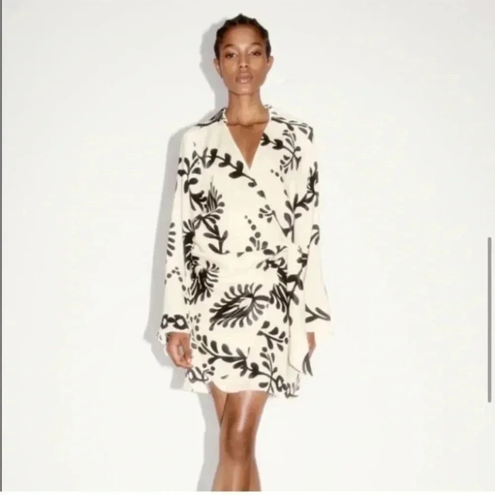 Zara | Satin Effect Print Wrap Tie Dress with Collar Neck | Size XS